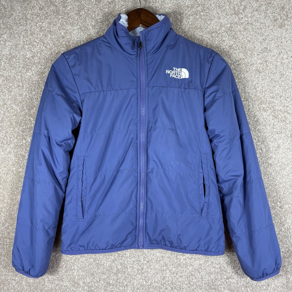 The North Face Girls Reversible Mossbud Swirl Jacket Blue Fleece Size M 10